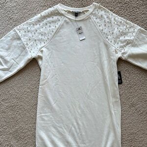 Express Cream Long Sleeve Sweater Dress with Pearl Accents